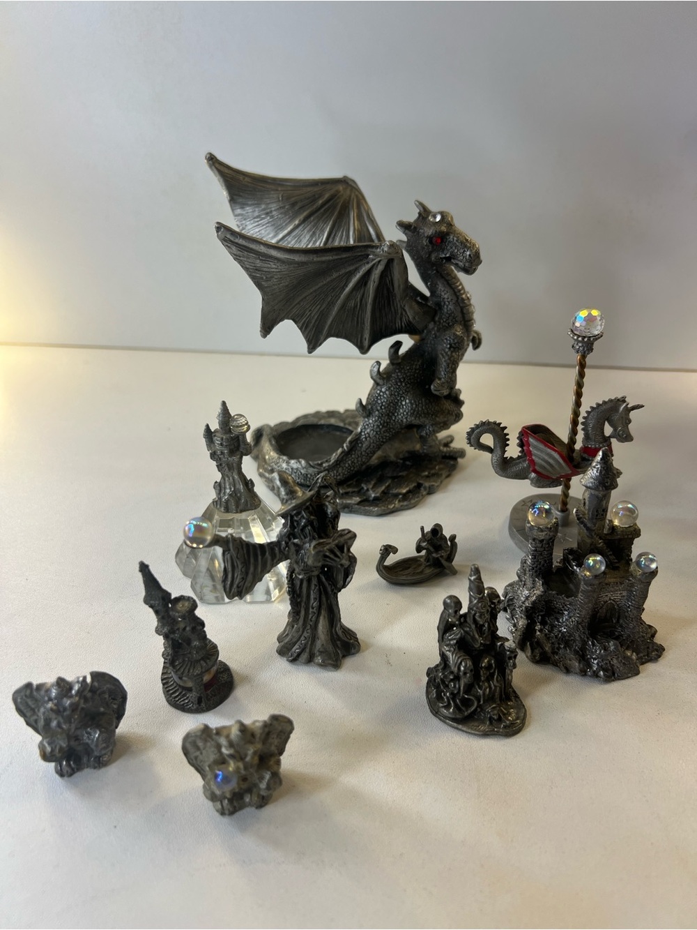 Pewter Fantasy Dragon Figurine Set with Accents - Metallic Gray